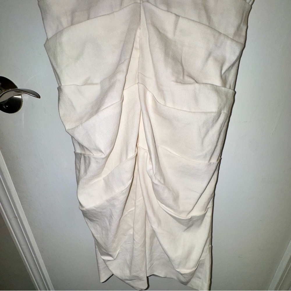 Artelier Nicole Miller Cream Ruched Midi Sleeveless Dress in Linen Blend - Picture 7 of 9
